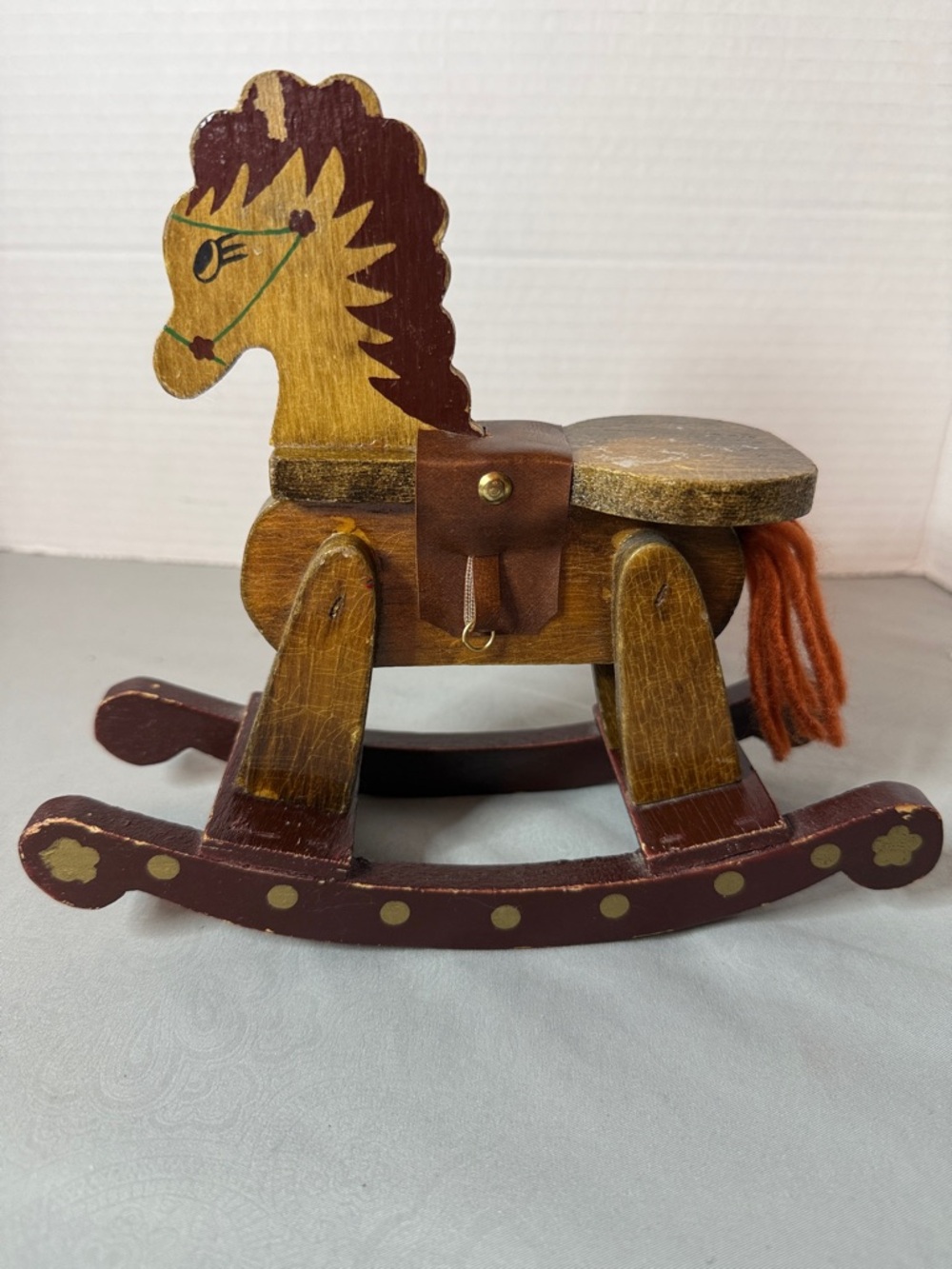 Vintage Wooden Rocking Horse Toy Farmhouse Decor Handpainted Yarn Tail 7.5” Tall